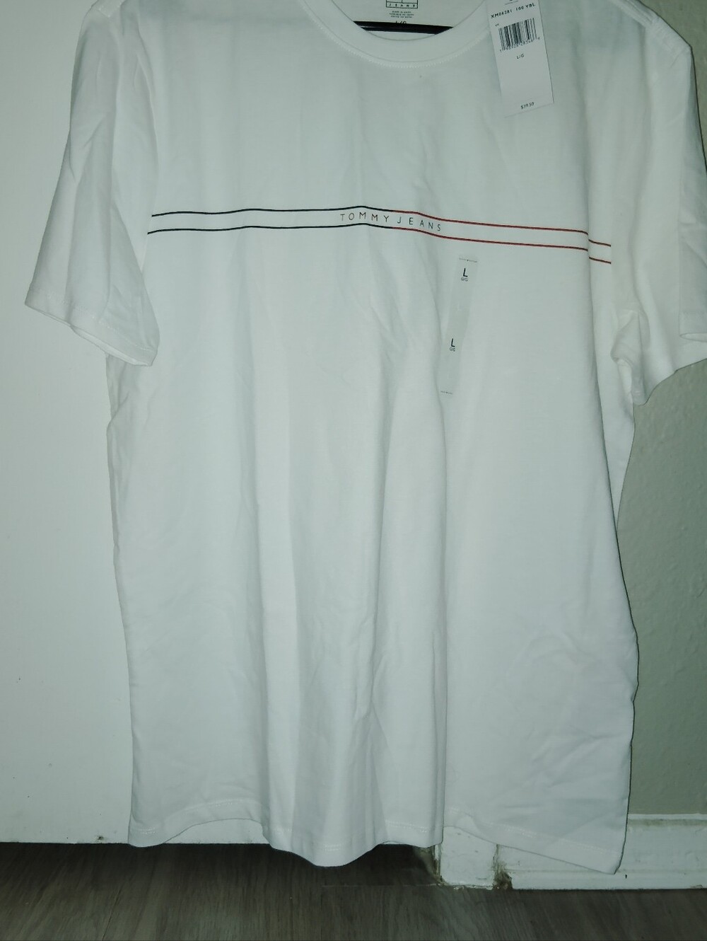 Tommy Jeans Men's White Logo Stripe T-Shirt Size L NWT